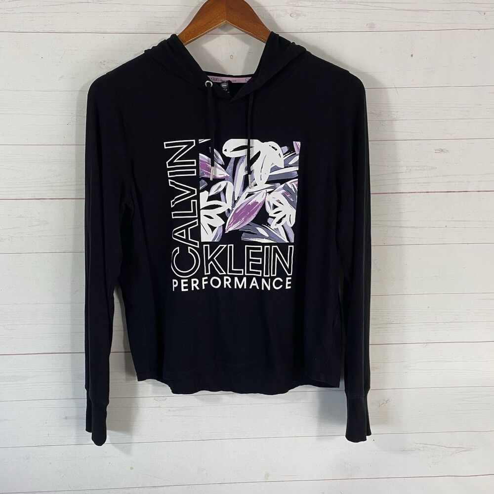 Calvin Klein Performance Womens Crop Hoodie Top Sz Small Black Floral Graphic